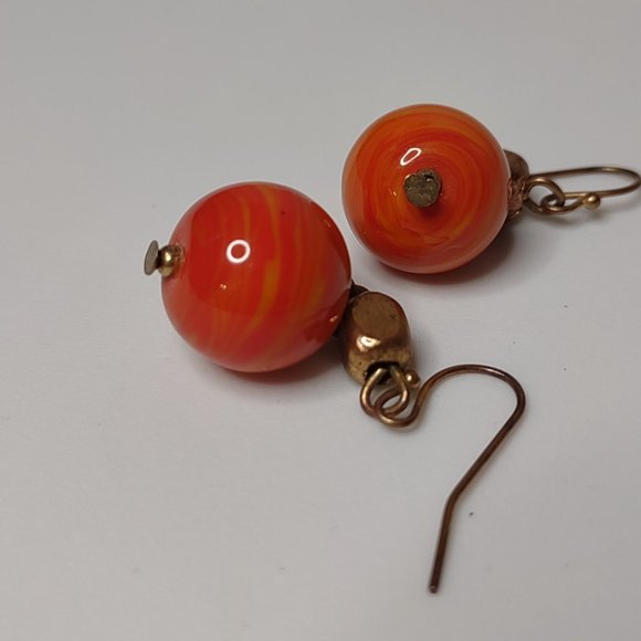 Vintage Heavy Orange Ceramic Bead Dangle Earrings - Picture 5 of 8